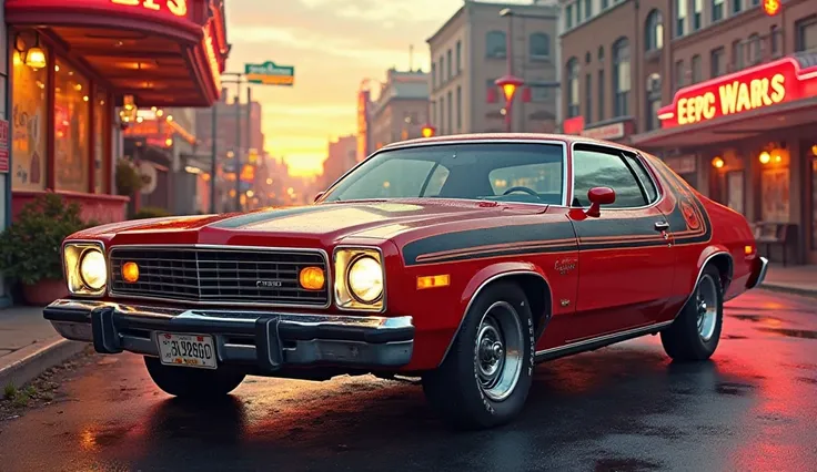 "A realistic image of a 1978 Plymouth Fury Sport, a classic American muscle car, parked on a retro 1970s city street. The car features a sleek two-door coupe design, bold front grille, chrome bumpers, and polished alloy wheels. It has a glossy red paint jo...