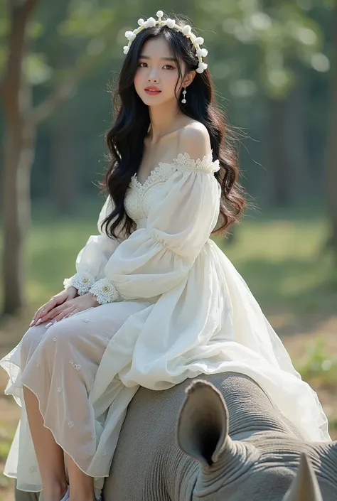 Show beautiful woman face korean asian face,clean white skin like snow,sitting on top of a rattled rhinoceros,jenaka white puff slevee knit dress ,small flower bando,small white pompom earrings and white sports shoes
nyh very long straight hair black color...