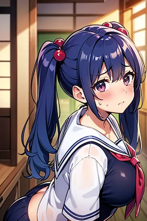 Highest quality Highest quality, high resolution, one Japanese woman, blue hair in twin tails 1.3, idol face, shiny skin 1.5, sweaty 1.4, big breasts, chubby figure, sticking out buttocks, sailor uniform 1.5, thighs 1.3, embarrassed expression, indoor back...