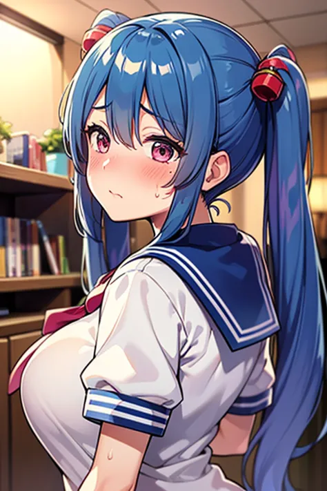 Highest quality Highest quality, high resolution, 1 Japanese woman, blue hair in twin tails 1.3, idol face, shiny skin 1.5, sweaty 1.4, big breasts, chubby figure, butt facing, sailor uniform 1.5, thighs 1.3, embarrassed expression, indoor background