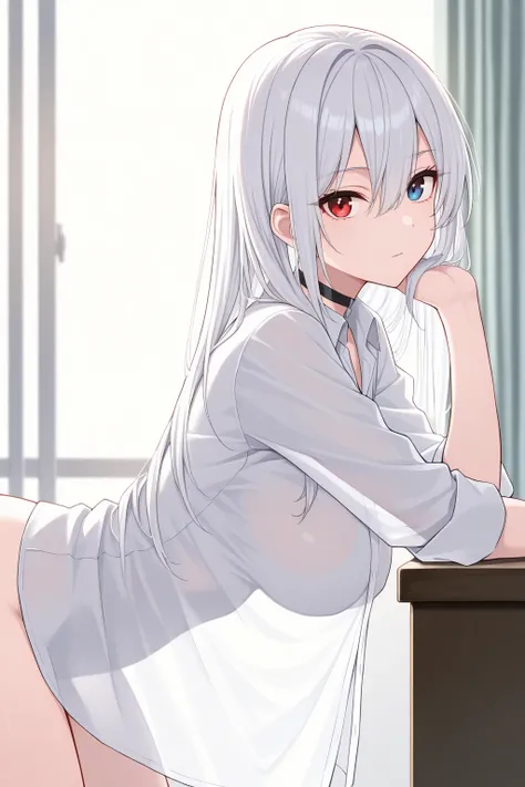 masterpiece, best quality, from side, looking at viewer, expressionless, 1girl, blcklbl, large breasts, white hair, hair between eyes, long hair, heterochromia, red eyes, blue eyes, black choker, collared shirt, bottomless, bent over, leaning on table, han...