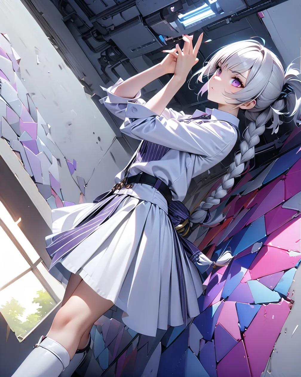 (((8k wallpaper of extremely detailed CG unit:1.2, ​masterpiece, high resolution:1.2, top-quality:1.2,))), ((a very beautiful female, Grunge Fashion, dynamic serious pose:1.2, wear a white Jacket, wear a purple white stripes formal shirt, wearing short whi...