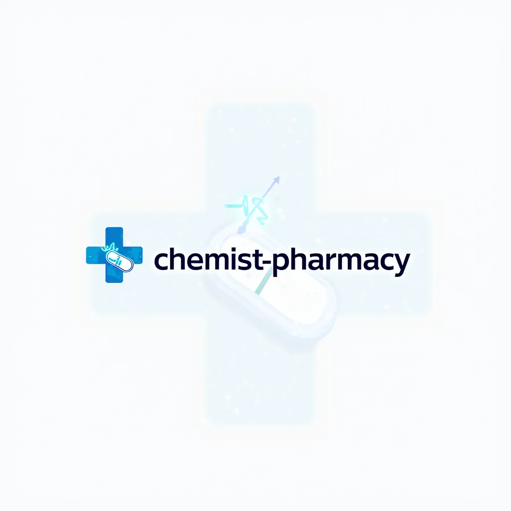 A modern and minimalistic pharmacy logo featuring the text 'chemistpharmacy' in the center, using a sleek, bold, and professional font. The design should incorporate a medical cross, capsule/pill icon, or heartbeat line (ECG) to represent the online pharma...