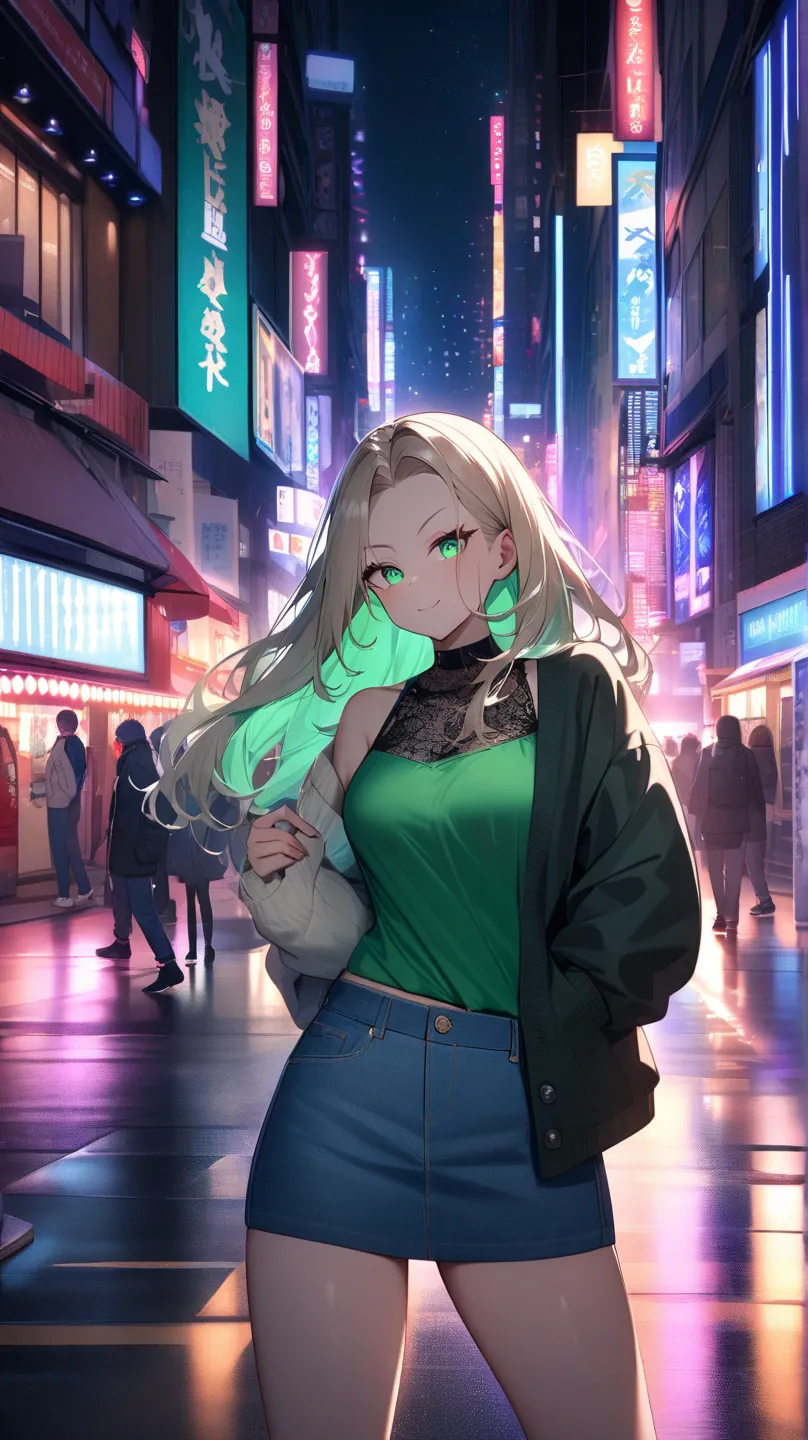 /imagine prompt: a modern and seductive anime character named Sora, featuring long, wavy platinum blonde hair cascading over her shoulders, wearing a fitted lace tank top and a super short denim skirt, with an open oversized cardigan, striking emerald gree...