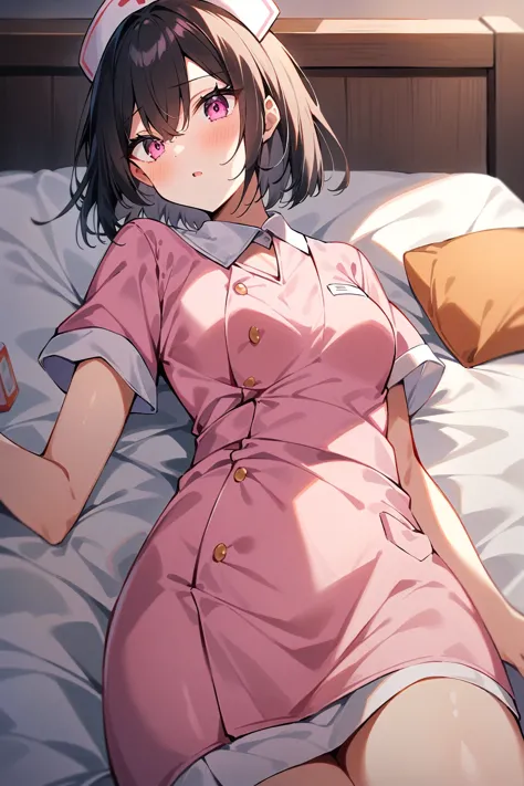 (score_9, score_8_up, score_7_up), source_anime, masterpiece, best quality, japanese, solo, woman, pink eyes, black hair, short hair, straight hair,  small breasts, nurse, lie on back, on bed, suprised