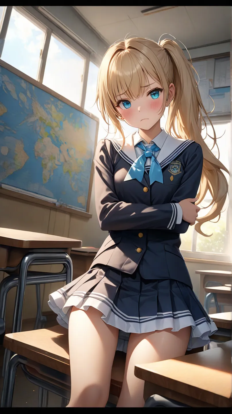  1girl 、cowboy shot、angle from below:1.7、Classroom with a window、Cute high school girl in slender uniform with wavy blonde hair and side ponytail、, she is furious with her face facing upward and half-eyed Aqua Eye and looking down at me with a frown、Standi...