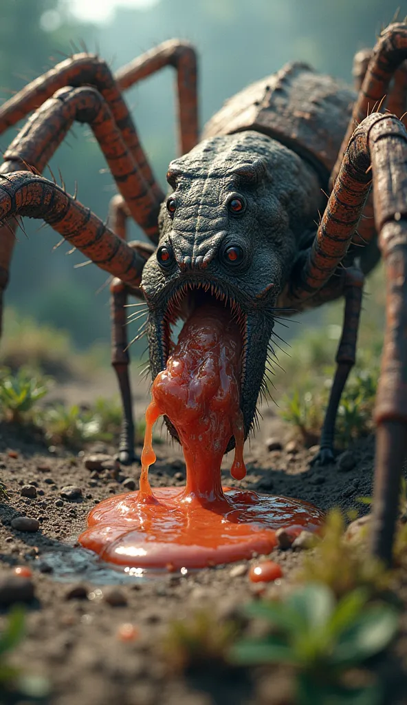 In a prehistoric landscape where huge dinosaurs roam the earth, a giant spider feeds on an even larger prey, like a primitive insect or a small mammal-like creature. In the process of liquefying, you can see how the tissues dissolve in a viscous liquid, an...