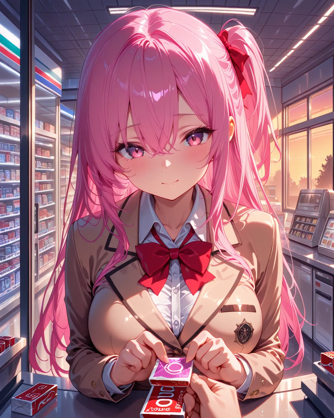 masterpiece, best quality, high quality, highres,

long hair , one side up, pink hair , hairs between eyes, large breasts, cute face, (tsurime:0.4),

collared shirt, brown blazer, school uniform, red bow,

indoors, convenience store, counter, Evening, Wind...