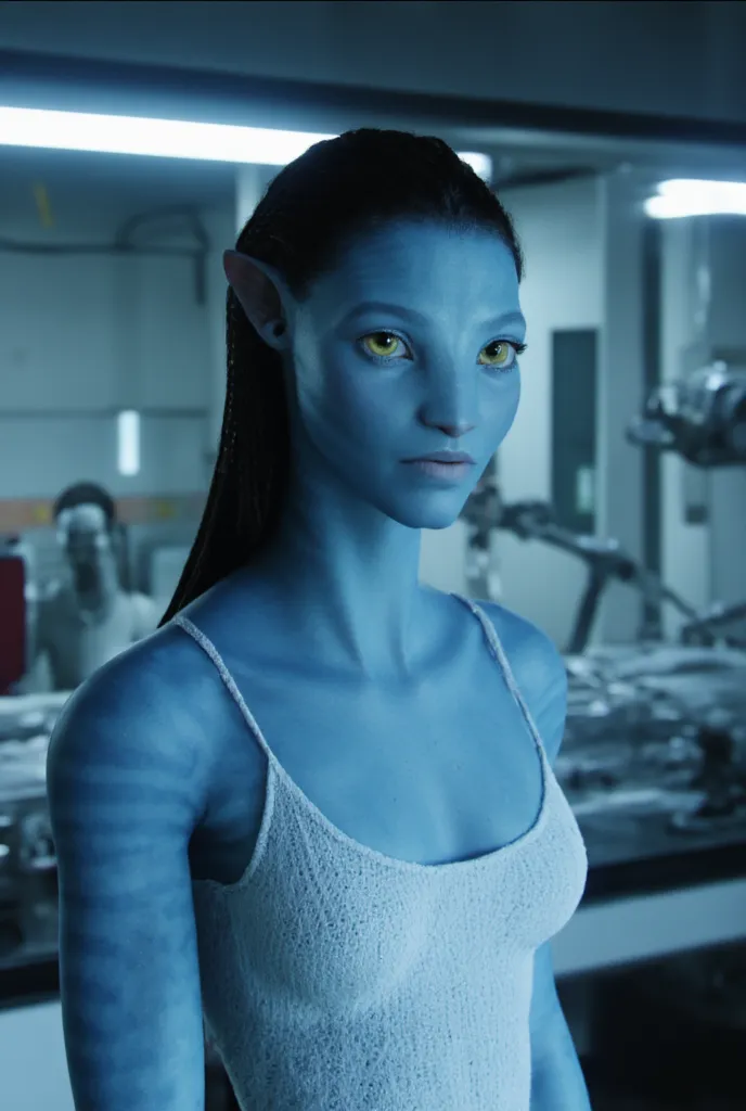 nude photography of (1) gorgeous female avatar alien wearing a tank top and jean shorts, gorgeous na'vi face, she is wearing a white tank top, blue skin, pointy na'vi alien ears, big beautiful eyes, Sydney Sweeney as a na'vi alien, Sydney Sweeney face, cle...