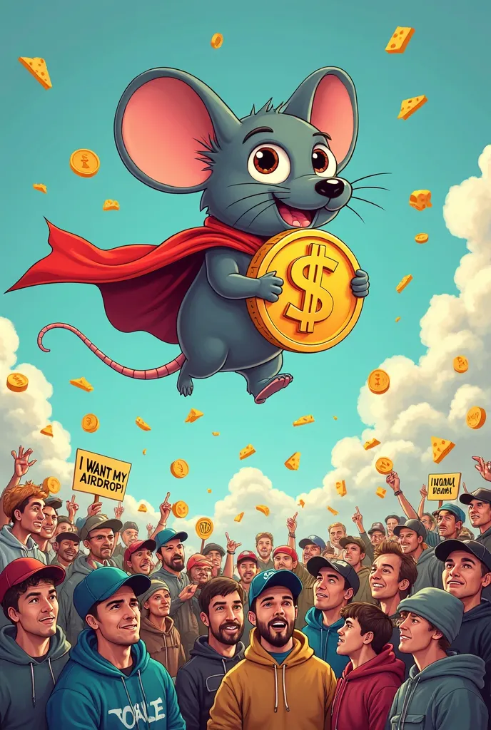 "Cartoonized drawing of a **computer mouse flying like a superhero** (with red cape and glowing eyes), holding a giant coin with the symbol **$MOUSE**. below, A multitude of *crypto enthusiasts* (stylized men in caps and hoodies, faces of despair) pointing...