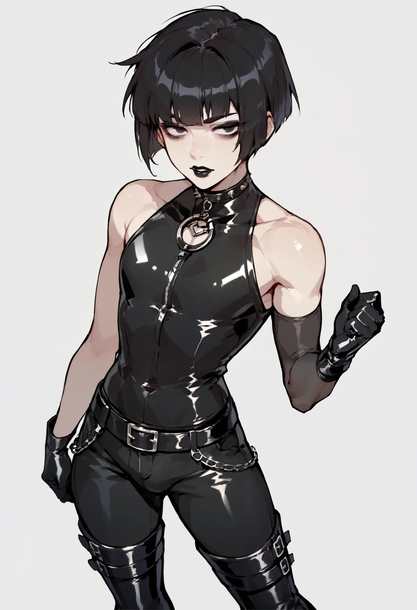 1 man, femboy, black hair, short hair, bob cut, black eye, black eyeshadow, black lipstick, black choker, sleeveless, punk clotches, black boots, black gloves, curvy, punk, dark circles under eyes