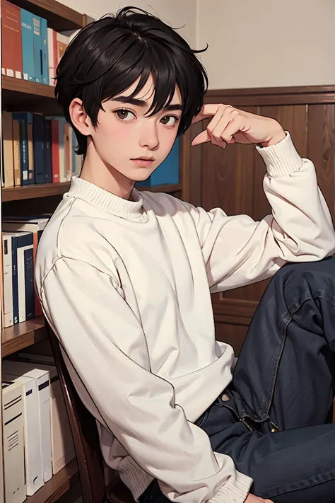 creates a 17-year-old black-haired ager with brown eyes,white skin, basic clothes like high school, a black sweater and jeans, He has some books and is on his side.  The background is white 