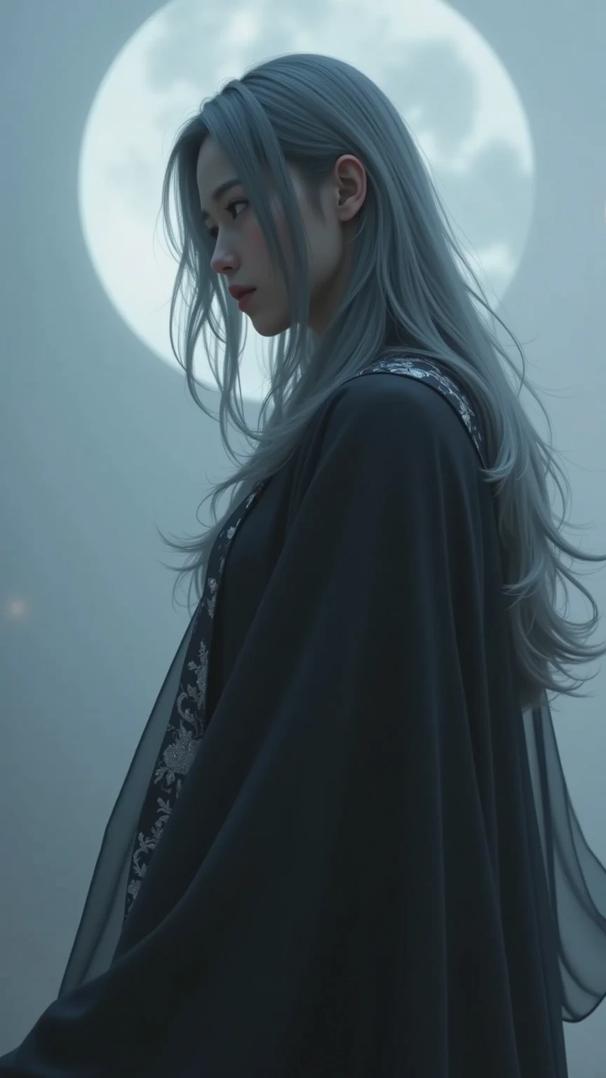 (double exposure:1.5)，Screen Segmentation，Altgelm Wind，Silhouette of a high-ranking wizard in the fog， black robe 、luxury costume with intricate silver embroidery、gray hair、fantasy, on the other hand、Quiet and surreal full moon.，Foggy City，Garo，JAPAN ANIME...