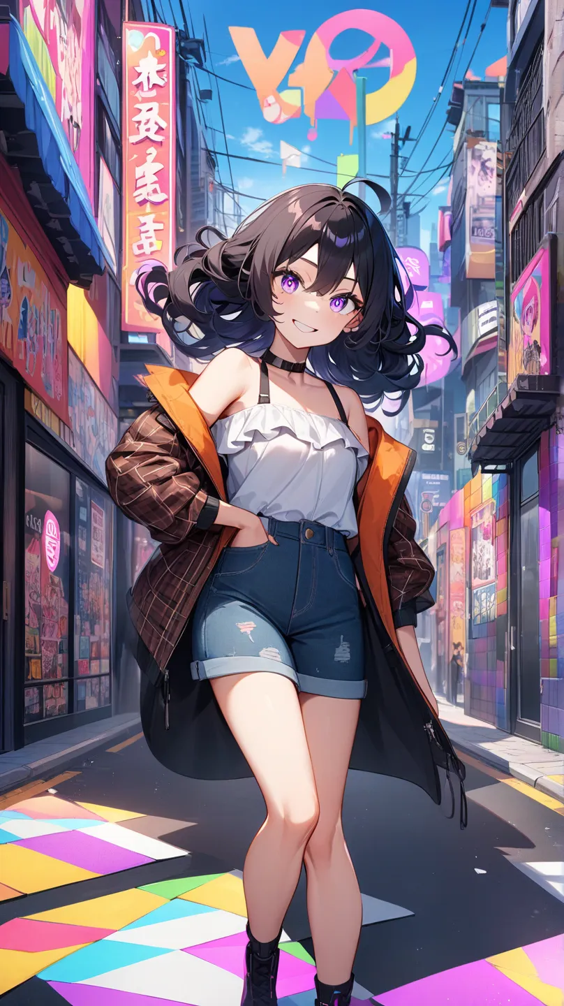 /imagine prompt: a captivating anime character named Yuki, featuring long, silky black hair styled in loose curls, wearing a fitted off-shoulder top that highlights her shoulders and a super short plaid skirt, with an open cropped denim jacket, striking vi...