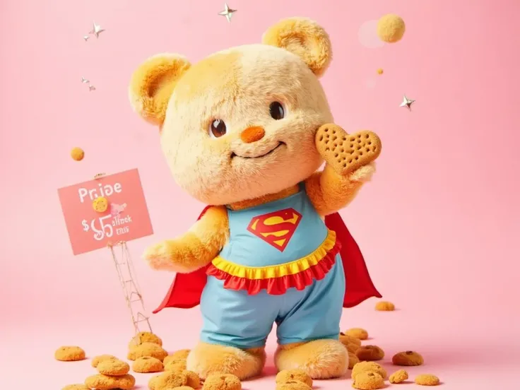 (((butterbearv1))), (((teddy bear))), "A cute butter-textured bear with a warm, friendly expression, dressed in a Superman costume, holding a heart-shaped cookie in one hand and waving with the other. The bear has soft, fluffy fur resembling a freshly bake...