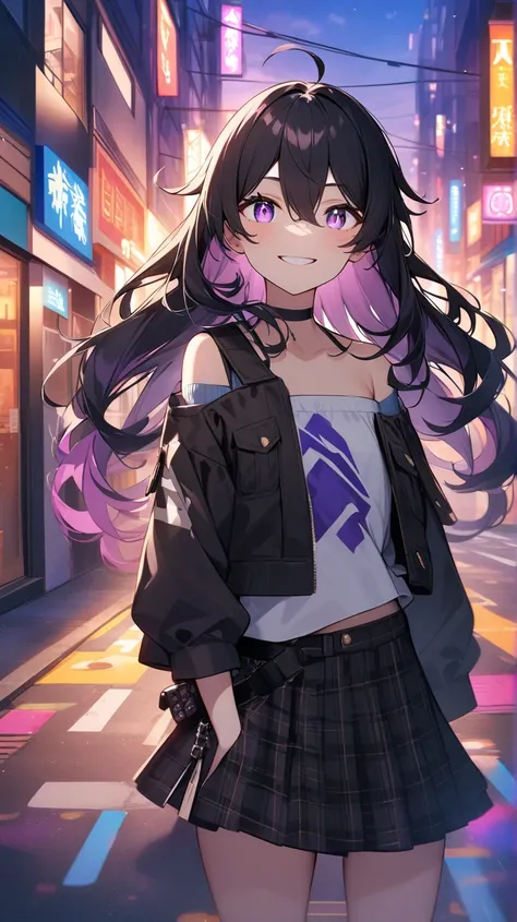 /imagine prompt: a captivating anime character named Yuki, featuring long, silky black hair styled in loose curls, wearing a fitted off-shoulder top that highlights her shoulders and a super short plaid skirt, with an open cropped denim jacket, striking vi...