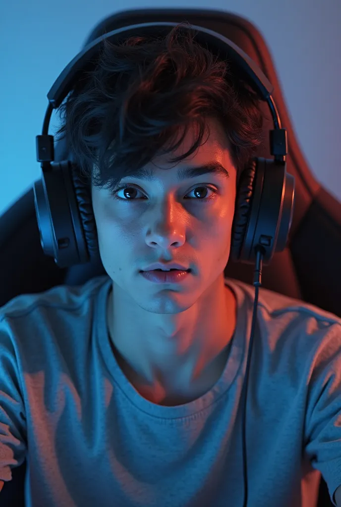 A man with black hair wearing black headphones wearing a gray shirt sitting in a gamer chair