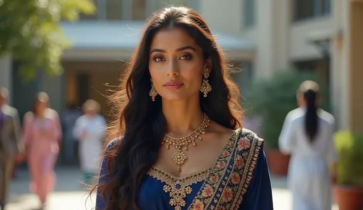 **इमेज प्रॉम्प्ट:**  

"A stunningly beautiful princess, Tara, stands outside a modern hospital. She has long, dark flowing hair adorned with delicate jewelry, and her deep, expressive eyes reflect determination. She wears an elegant yet simple traditional...