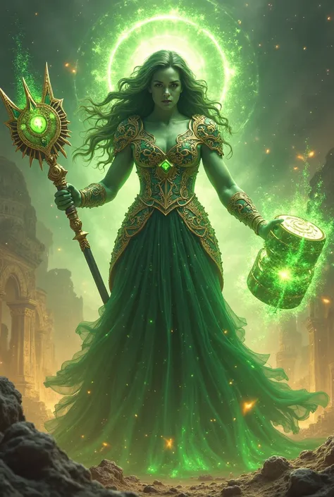 An ultimate magical form of The Hulk, wearing a grand armored gown with glowing green and gold patterns. The gown is intricately designed with radiant gemstones and an otherworldly aura. Her massive gloves emit green cosmic energy, and her hair flows like ...