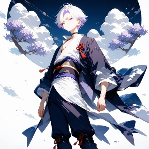 masterpiece, high score, great score, absurdres,
1boy,standing,open hand,male focus,20-yo, クモイエイテル, toned,twink,white hair, side-parted, lilac highlights,purple eyes ,black haori,white kimono,cloud pattern,black choker,open collar shirt,purple knot,obi,ski...