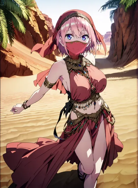 score_9, score_8_up, score_7_up,  source_anime,  Nakano Ichika,  short hair, Alone,bangs, blue eyes,  o, pink hair near MM, smile,blush,Big Breasts,Chest Valley,Arabian clothing,  dancer , mouth Veil, belly Dancing, Veil, armlet, Bare legs,is standing,palm...