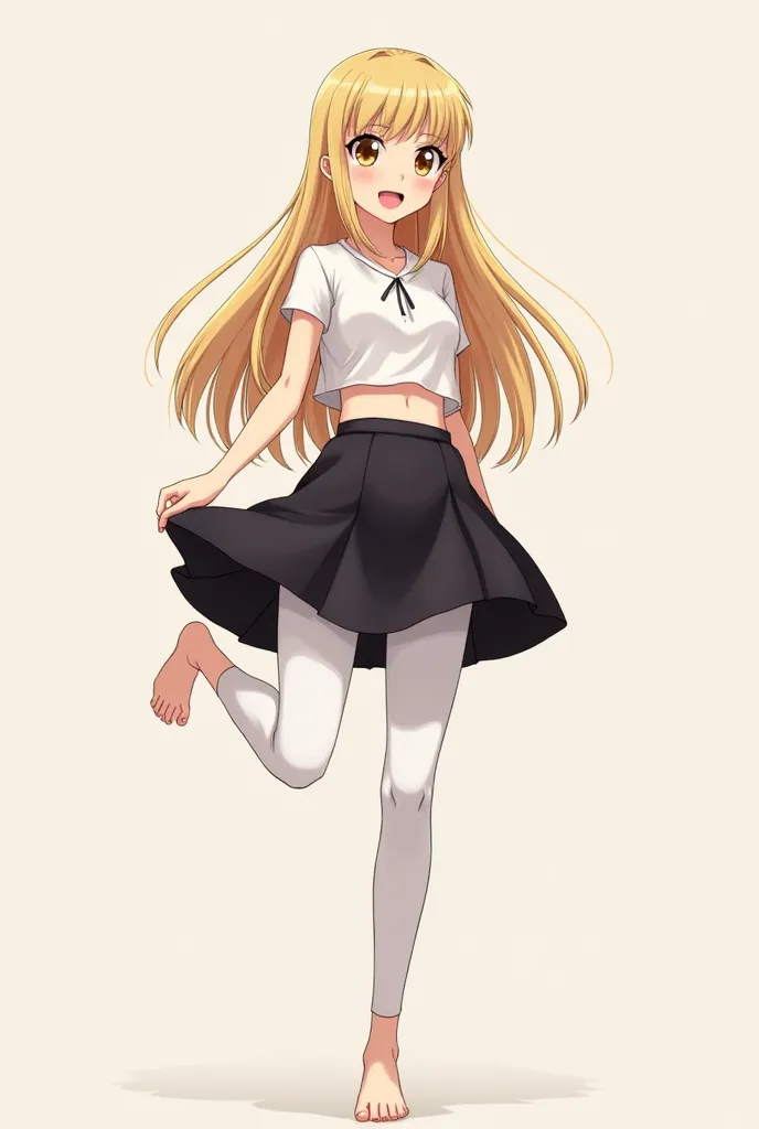 15-year-old anime girl Blonde hair She is wearing A crop top And a short black skirt and
 She is wearing White leggings And she is wearing No shoes She's standing up Lifting one foot up so you can see the bottom of her feet 