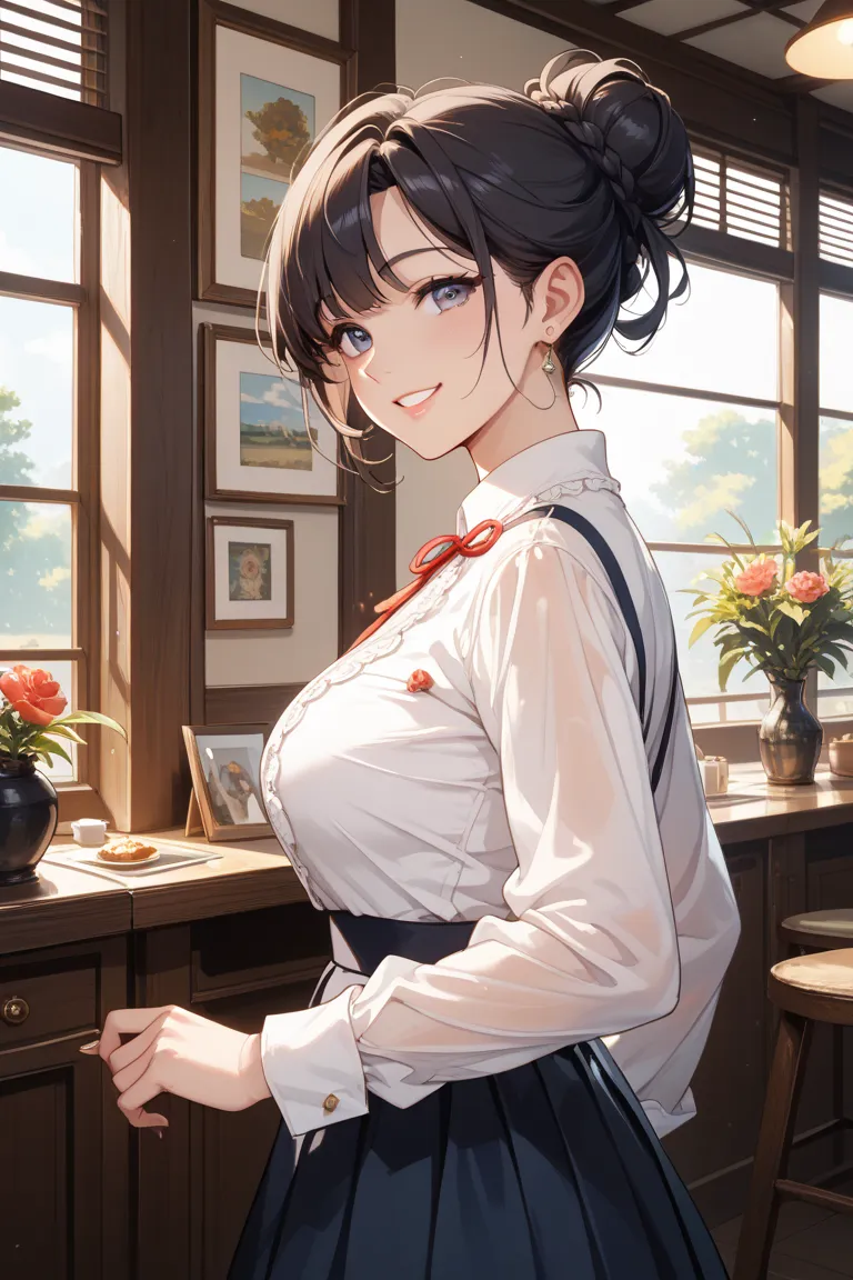 A bright and cozy café interior during the daytime. A beautiful Japanese woman in her 30s with long, dark hair tied in a soft bun, wearing a modest yet slightly fitted blouse and skirt. She stands nervously behind the counter, her gentle smile welcoming cu...