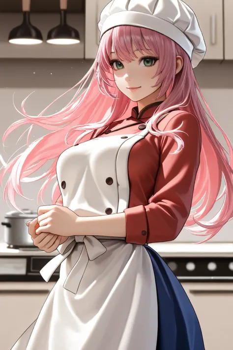 1 ,    Alone,    masterpiece,    dancing,   ultra realistic, silky hair,    greetings pink hair, tablet fringe, green eyes, Female chef, red blouse, blue skirt,  white cook apron, white cook cap,  Medium breasts,  happy appearance, behind a counter, holdin...