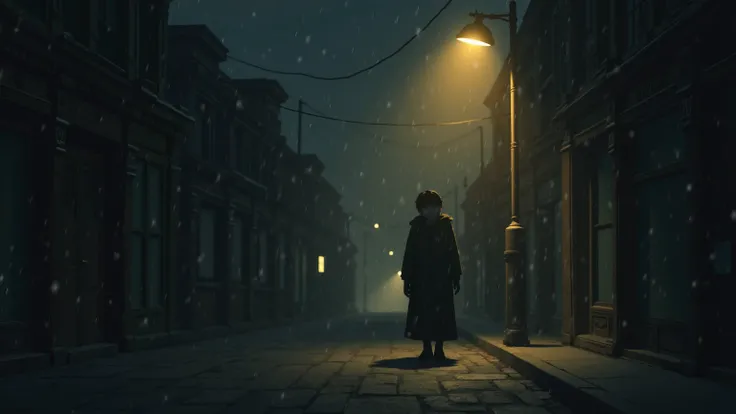 Create a moody and evocative animation of a lone figure standing under a streetlamp on a quiet, deserted street at night. The streetlamp casts a soft, golden glow, illuminating the figure while the rest of the scene remains shrouded in darkness. The figure...