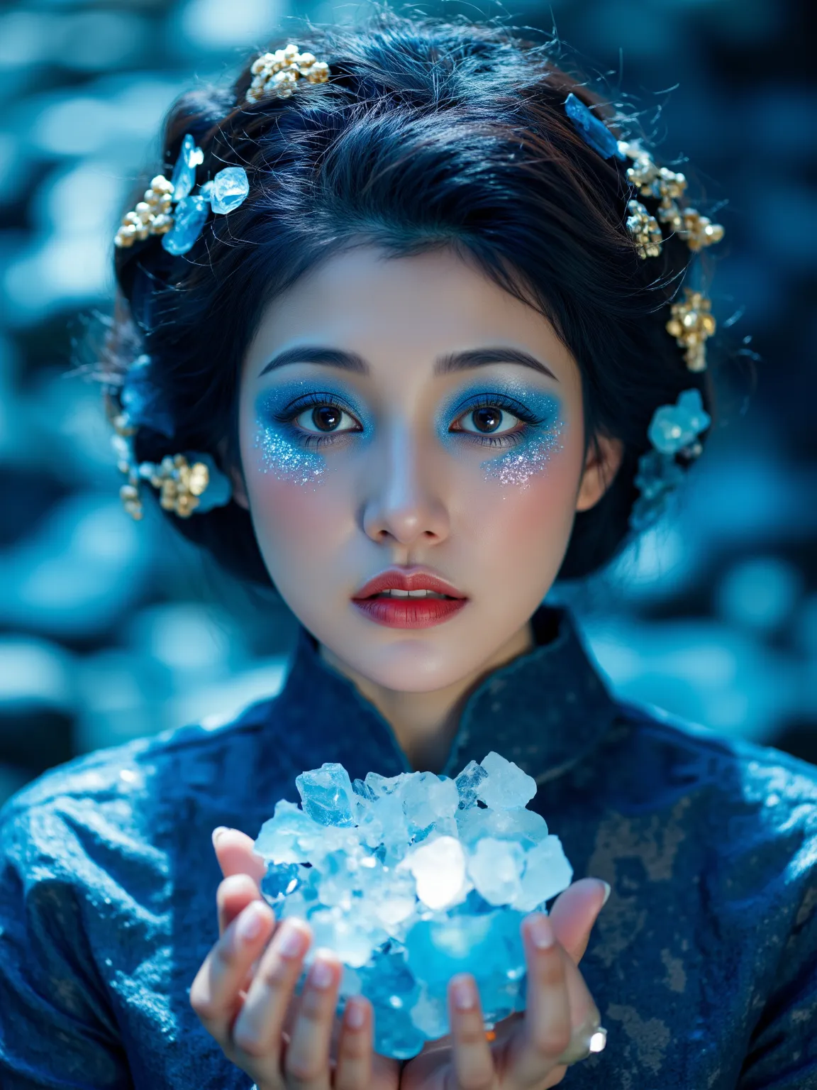 A beautiful woman with blue crystal makeup, the crystals sparkle in her eyes and she is surrounded by them. Her skin glows like moonlight. The background features an abstract blue environment with golden accents. High-resolution photography, intricate deta...