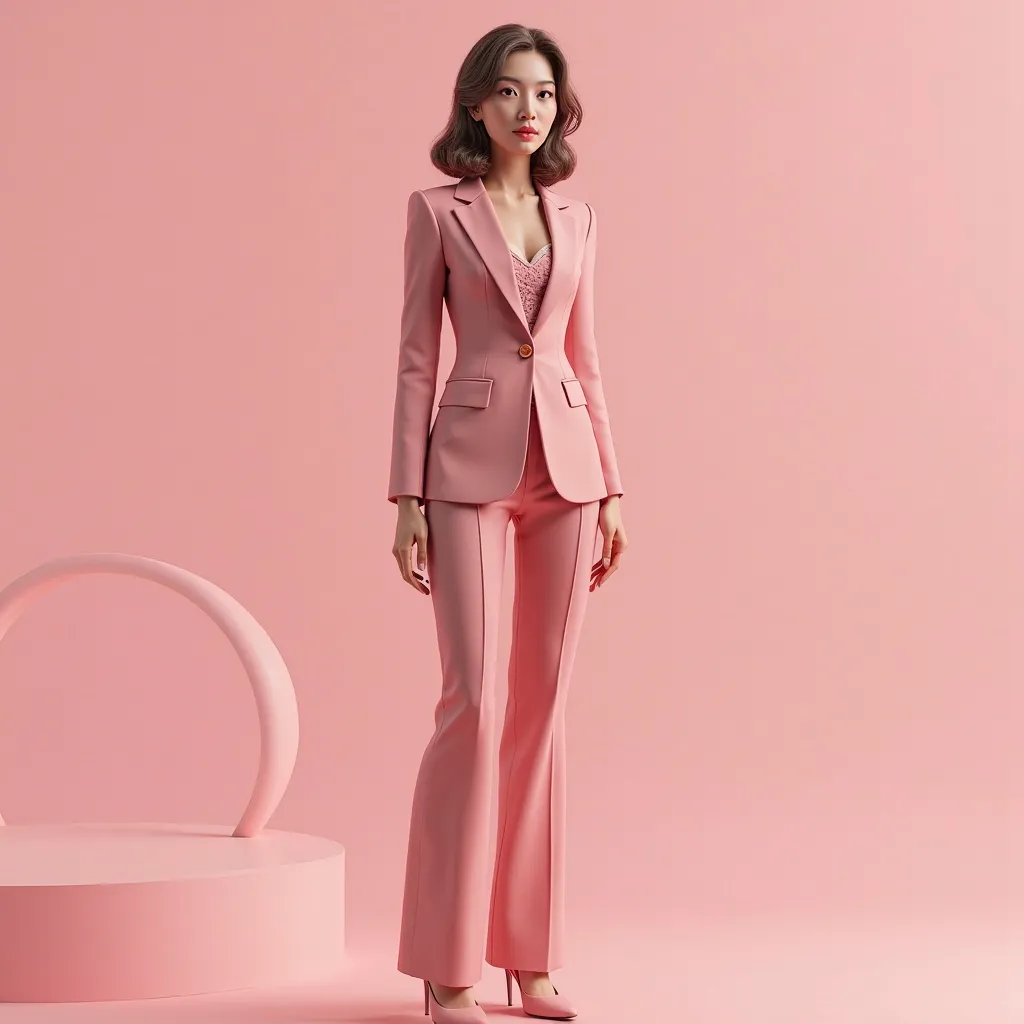 a full shot (head to toe)  of 25 year old woman's 3D character standing in pinkish background with formal outfit in side of the image.