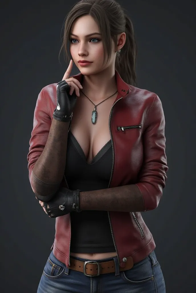  a beautiful woman with medium-sized breasts  , ,  wearing a sturdy dark red leather motorcycle jacket  , blue jeans, brown combat boots ,  black vest top ,  fingerless gloves ,   