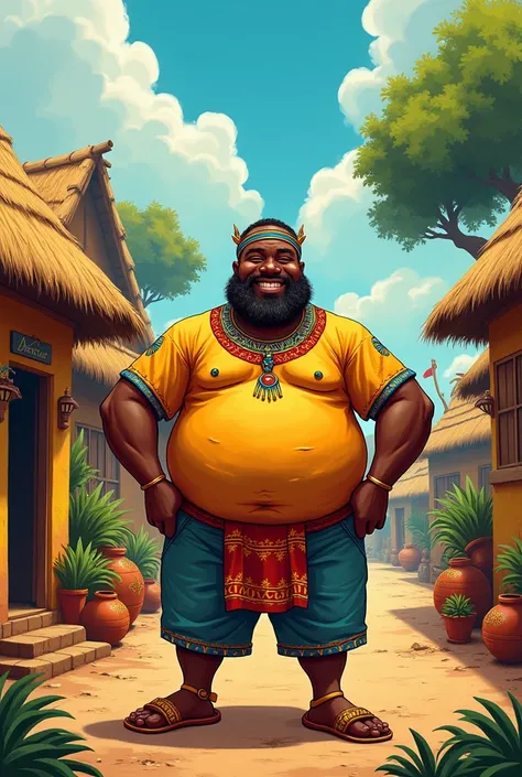 creates an image in the style of a ren's cartoon about an African  with a big belly in his village