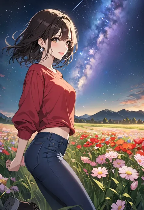 (masterpiece, highest quality, 8k, High Resolution), 1 young woman, beautiful face, thin, slender, long, beautiful brown eyes, pink lips, Beautiful Nose, Draw brown black bob hair , Perfect face , perfect style, smile,  best anime girl , earrings, red long...