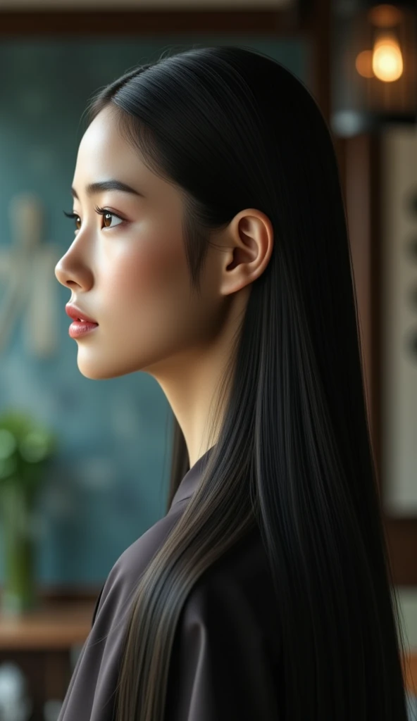 Photorealistic、live-action、Japanese woman、Hair back、long hair、straight hairstyle、profile