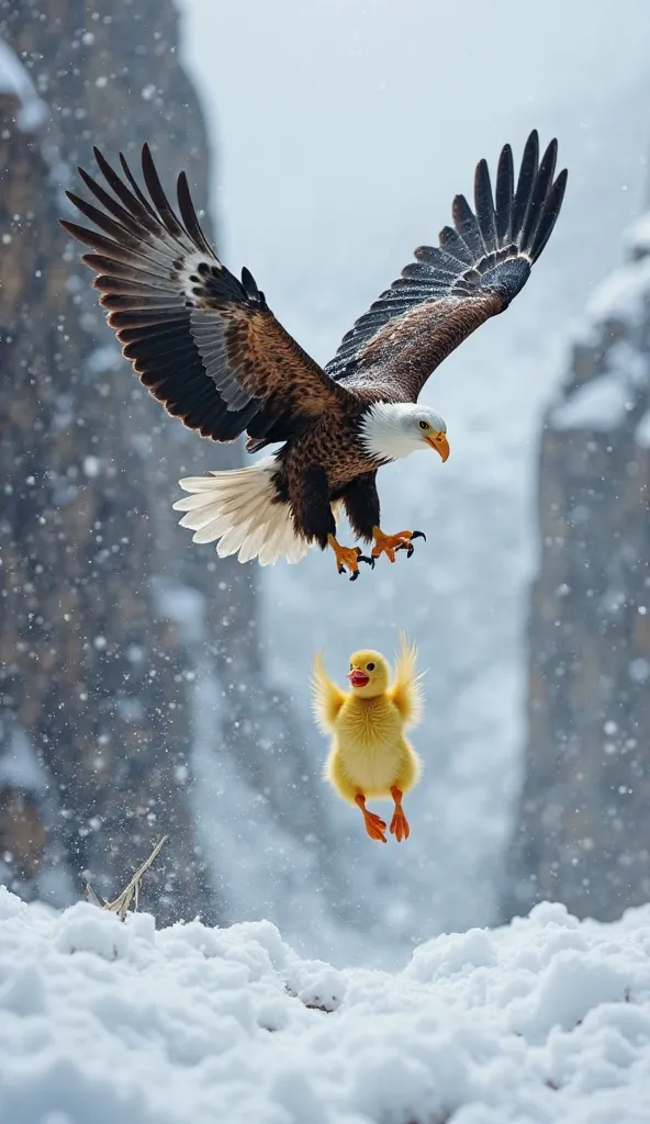 "A dramatic, heartwarming scene set in a snowy mountain canyon during a fierce blizzard. A baby duckling with soft, fluffy yellow feathers is falling mid-air, its tiny wings flapping helplessly and its beak open wide in a cry for help. Above it, a majestic...