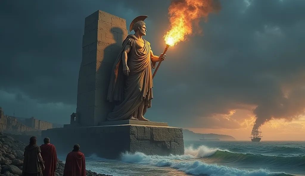 "A titanic statue of Marcus Aurelius stands at the entrance of a great Roman harbor, one foot resting on solid stone, the other on the edge of the sea. His stern, battle-hardened face watches over the ships entering and leaving, his muscular frame draped i...