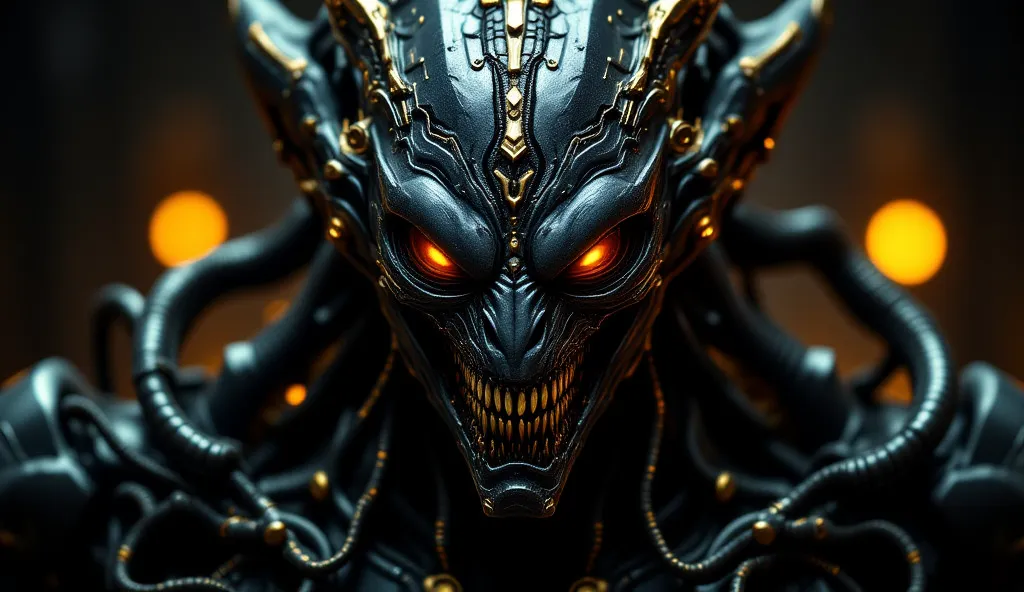  detailed image of face a metallic alien creature. The creature is positioned in the center of the frame, its head and upper torso are visible.  Its head is angular and armored, with intricate, detailed textures.  The material appears dark, almost black, w...