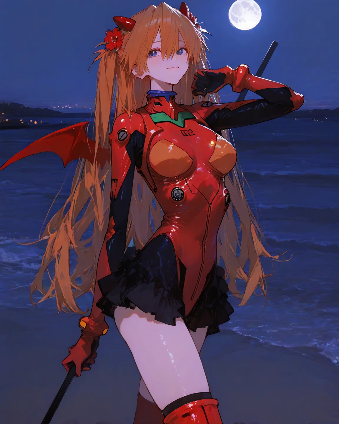    masterpiece, high quality、   vibrant, open legs,      latest,  
medium breasts,  Neon Genesis Evangelion、       Female 1、 、Su Long Aska Langley 、  orange hair、    blue eyes、    Red Flower Hair Ornament、red big horn、Very big red wings、   red plug suit、mi...