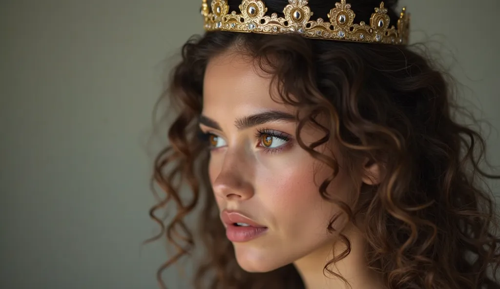 Create an ultra-realistic image of a beautiful 18-year-old woman's face in profile, hazel eyes, slanted gaze, sensual lips, half-curly hair, white skin and no makeup, no freckles on the skin; with a crown on her head, make a total blur of the background, u...