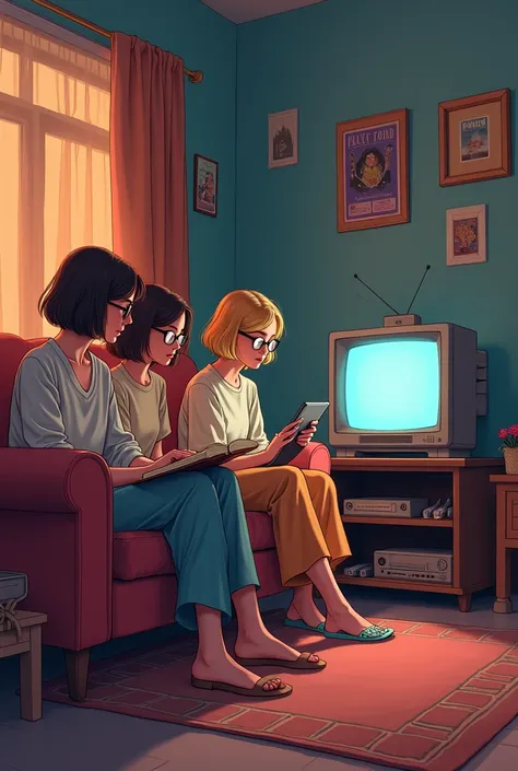 "A retro concept illustration of a cozy living room scene. Exactly three women are present: one is sitting on a couch reading a book, another is watching a movie on a small, 90s-style CRT television, and the third is looking at a tablet. They are all looki...