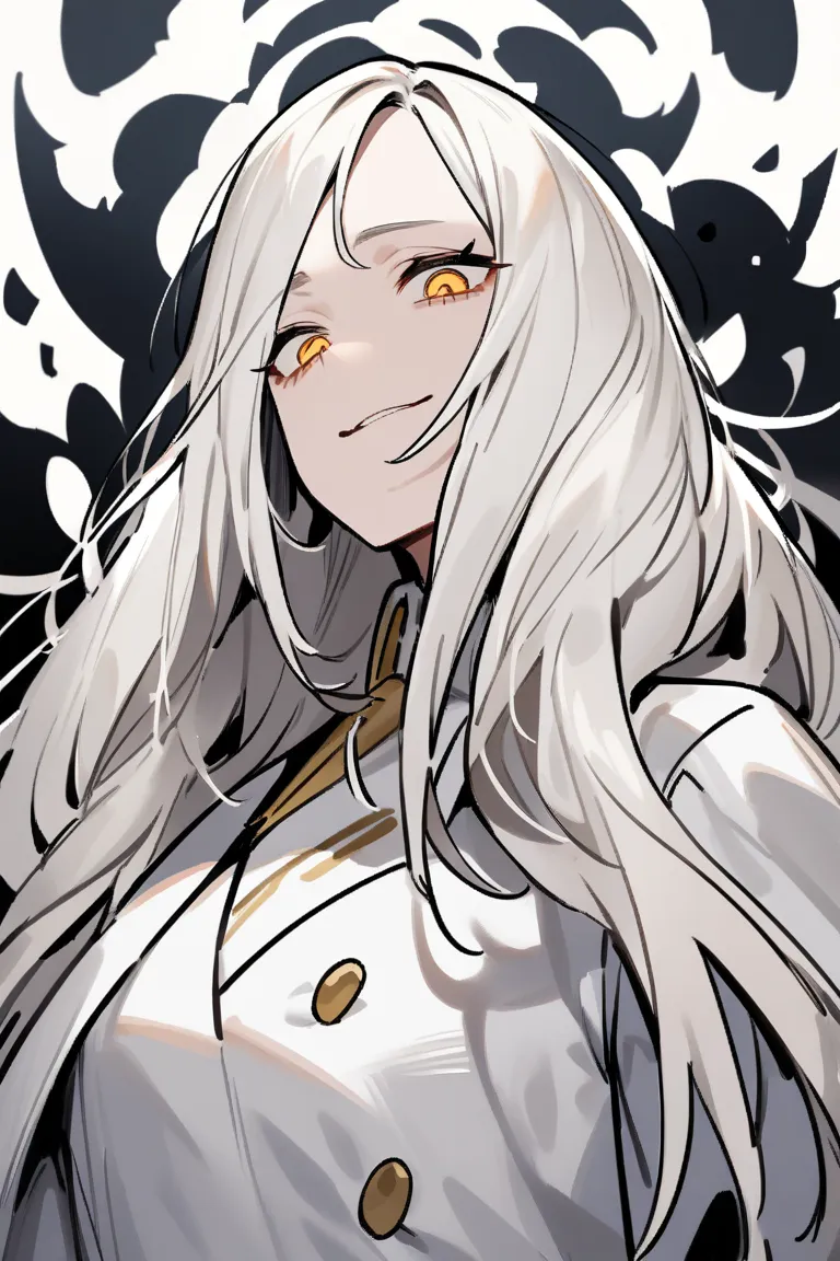 one adult woman、cream colored hair、white coat、long hair、golden eyes、 beauty、maternal、My eyes are not smiling 、white wall、white coat、 looking down at viewers 、awe、Sturdy manners 、40s、 sharp eyes、Mysterious atmosphere、Madness、sharp eyesight、PhD、