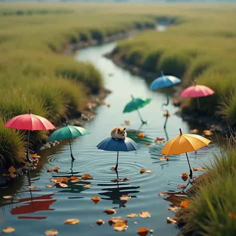 A river flows through a grassy plain. The river meanders. Five colorful umbrellas are floating upside down on the river's surface. A hamster is sitting on each umbrella. There are also many fallen leaves floating in the river. Photographic and realistic.