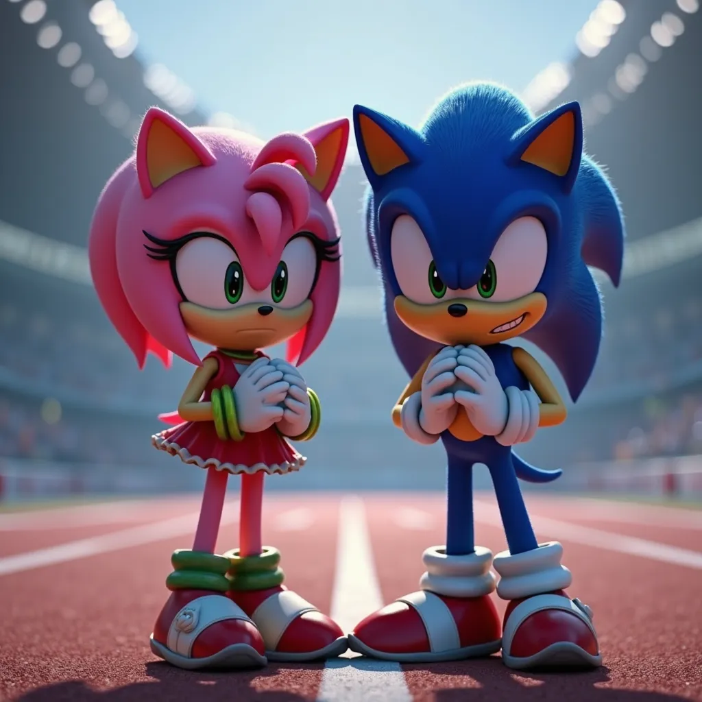 A cinematic scene featuring Amy Rose and Sonic the Hedgehog standing side by side in the middle of a marathon race track, their heads bowed slightly in a respectful and humble manner. Their hands are clasped together in front of them in a formal and polite...