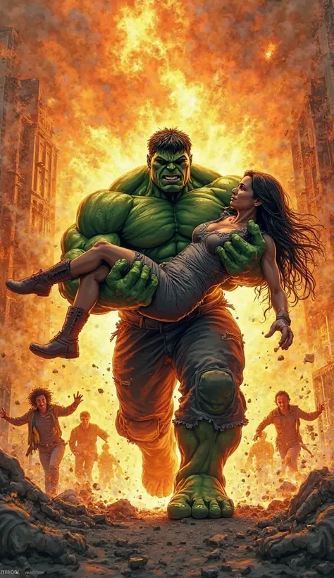 "A massive, heroic Hulk rushes out of a burning building, carrying a rescued woman in his powerful green arms. His torn firefighter uniform reveals a superhero costume underneath, emphasizing his dual role as both a savior and a warrior. His face shows det...