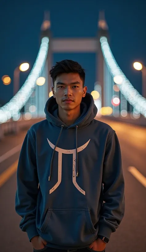 Asian guy Gemini handsome age wears hoodie
 with gemini inscription, running cool, Beautiful bridge background at night, full body photo, professional photo, real photo, original photo, UHD photo