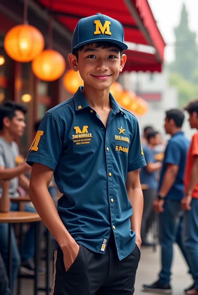 Caricature style A young Indonesian man wearing a M logo cap 20 years old. Wearing an expensive blue shirt with LV lettering and black pants . .Cuddling in front of a crowded cafe.Bebikula dengasenium.Real ultrarealistic photo