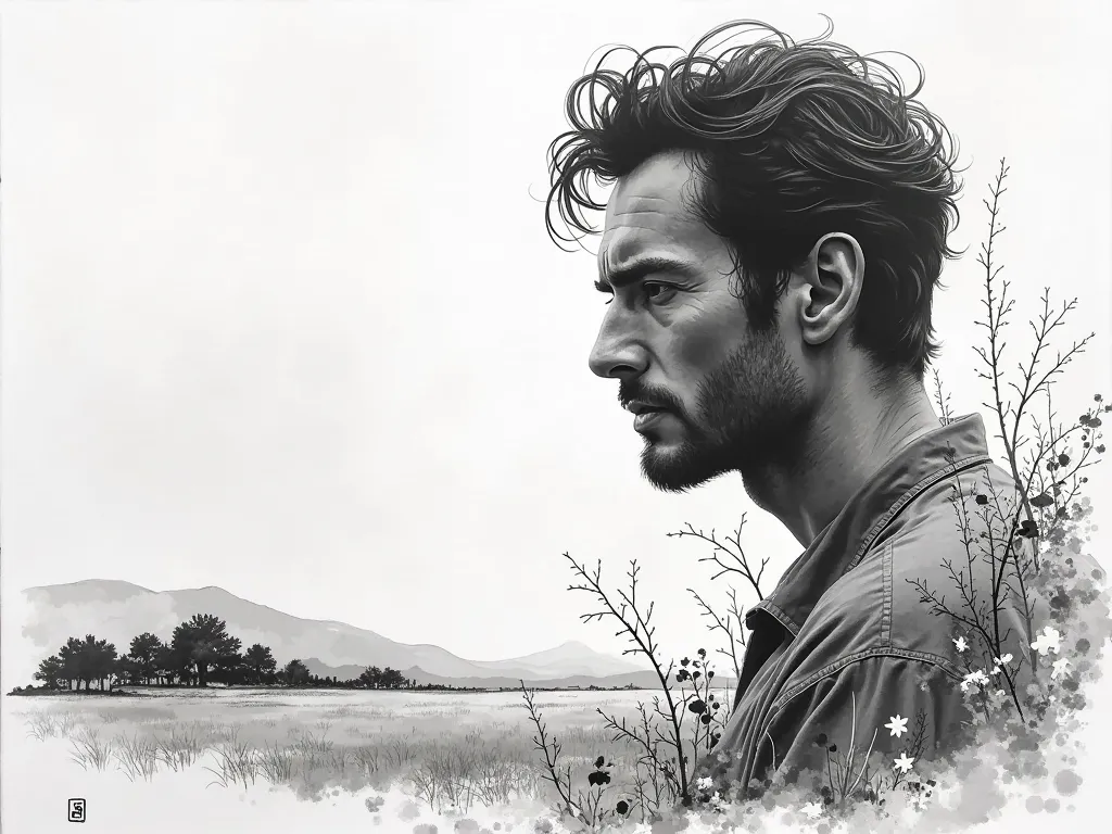 black and white ink painting style、16:9。profile face of a man with his mouth closed、expresses strength with thick ink lines。draw a rural landscape spreading in the background with pale ink、Composition that conveys silence