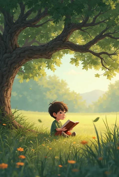 The boy was sitting reading a book under a tree