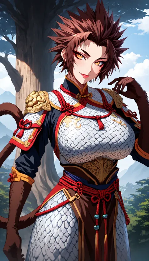 A Monkey Female ,Monkey tail, Perfect body, Oppai,(brown short hair,spiked hair),Wearing A White fullbody Armor(Chinese Armor,Matte),(Squating on a section of the Branche of a giant tree),seductive smile, In A Forest, UHD, SOLO, anatomically correct, maste...